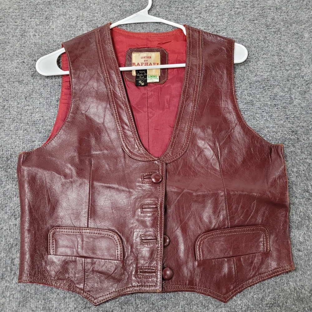 Leather by Raphael Vest Womens Size 15/16 Burgundy Leather Button Front Vintage